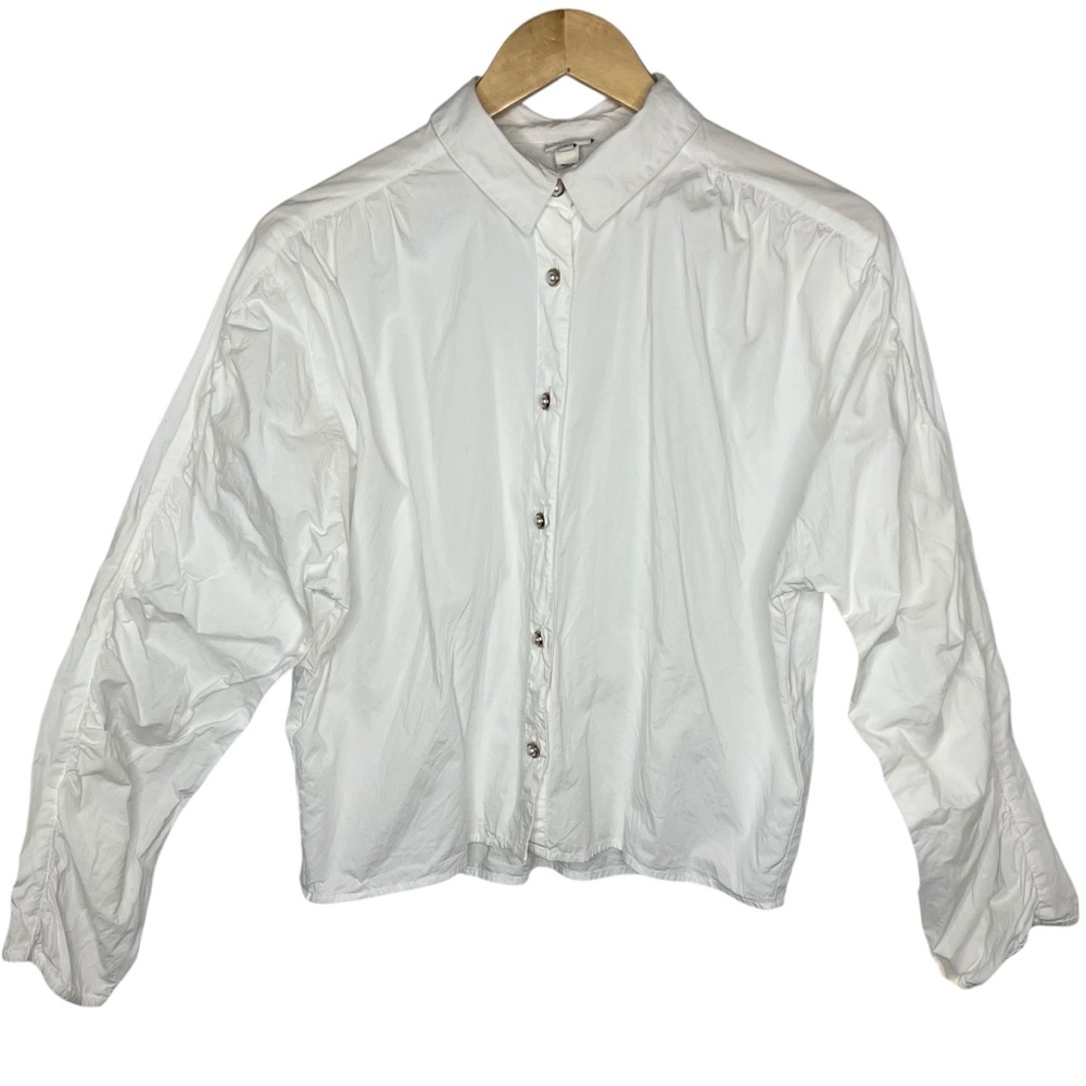 River Island Stiff White Blouse Gold Pearl Buttons Scrunch Sleeve Blouse Size 6